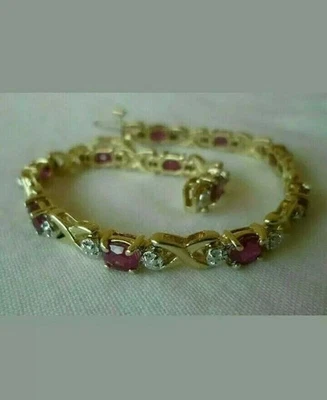 14k Yellow Gold Plated 7 CT Oval Lab Created Ruby Tennis Women's Bracelet - Image 1 of 4