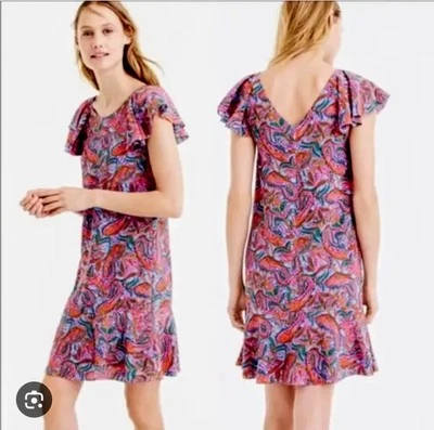 Vestido de seda para mujer J Crew talla 2 forrado estampado cachemira mangas con volantes y dobladillo talla 2 Foto 1 de 4