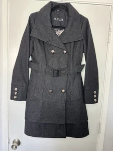 Guess Womens Medium Double-Breasted Gray Ruffled Pea Coat - Picture 1 of 8