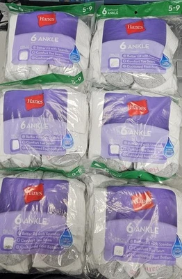 SEIS (6) PAQUETES de 6 pares de calcetines tobilleros Hanes para mujer punta mediana cómoda 36 pares Foto 1 de 3