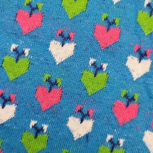 Vintage Knit Fabric in Blue w Pink/Green/White Heart Apples? 29" x 60" + scrap - Picture 1 of 9