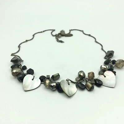 NEXT Charm Bead Necklace Black Tone & Abalone Hearts Festival Boho Pretty Retro - Image 1 of 4