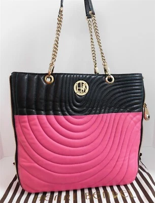 Henri Bendel Pink Navy Blue Quilted Leather Gold Chain Expandable Tote Bag - Image 1 of 4