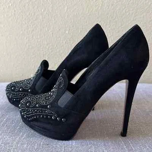 Francesco Sacco Black Suede Rhinestone Studded Heels Size 37 - Picture 1 of 13