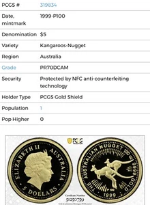 1999 P100 $5 Australia 1/20 Gold Proof Kangaroo Coin • PR70 POP 1 • 822 Minted - Picture 1 of 6