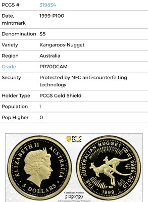 1999 P100 $5 Australia 1/20 Gold Proof Kangaroo Coin • PR70 POP 1 • 822 Minted - Image 1 of 4