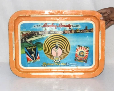 Antigua bandeja de lata litográfica hermosa impresión de anuncio de imagen 'BOMBAY BEAUTY BANIYAN decoración de pared Foto 1 de 4
