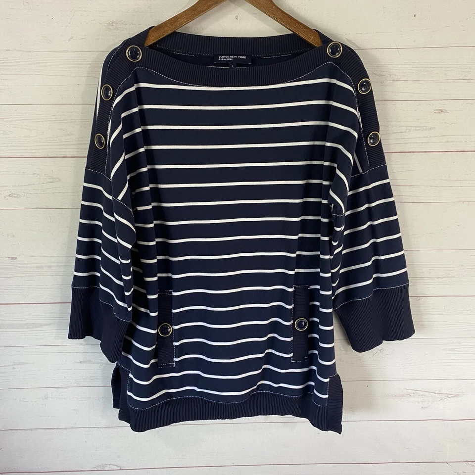 Jones New York Womens 3/4 Sleeve Pullover Sweatshirt Sz L Blue Stripe Boat Neck - Image 1 of 4