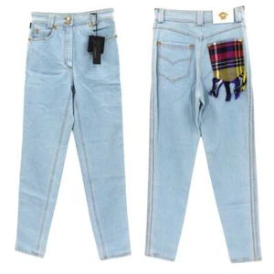 Versace Straight Leg Jeans NEW Multicolor Plaid Back Patch Pocket Fringe Size 27 - Picture 1 of 8