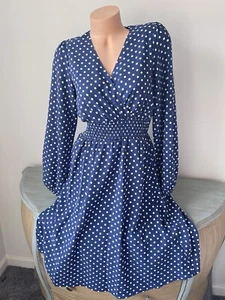 Draper James RSVP Dress Rockabilly Polka Dot Crepe Smocked Blue Size S Surplice - Picture 1 of 10