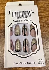 One minute nail tips 24 pcs Gold French Nude Black Glitter Coffin Sexy Easy Fast - Picture 1 of 2