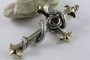 Knight Templar Cross Templar Snakes Lilies Pendant 925 Genuine Silver /219 - Picture 1 of 5