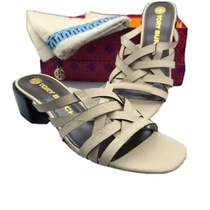 Tory Burch Sandals Basket Weave block heel Cream Slides Women Sz 8 New Box - Picture 1 of 10