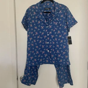 Lauren Ralph Lauren Women’s Pajama Set Sz Large Blue Floral Buttons Shirt Pants - Picture 1 of 8