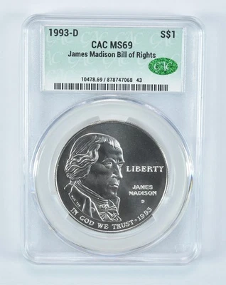 1993-D Madison Bill Of Rights Commemorative Silver Dollar MS69 CAC CACg *5642 - Image 1 of 4