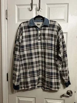 Vintage Structure M 90s Plaid Long Sleeve Denim Collar Metal Buttons Blue Green - Image 1 of 4