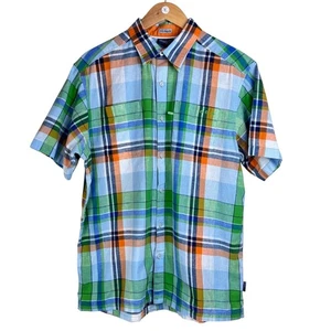 Columbia PFG M Linen Blue Green Orange Plaid Button Up Short Sleeve Shirt - Picture 1 of 7