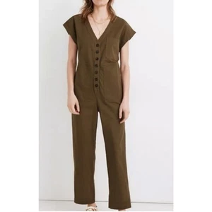 Madewell Utility Jumpsuit Women XL Military Green Button Front Cap Sleeve Casual - Picture 1 of 14