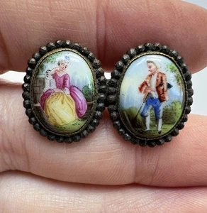 Antique Georgian Cut Steel Edge Hand Painted Porcelain Double Brooch Pin - Picture 1 of 7