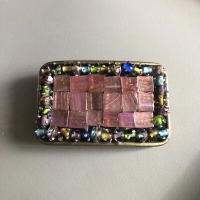 Hebilla de cinturón boho vintage de mosaico hecho a mano con piedras pulidas rosas con cuentas firmada Foto 1 de 4