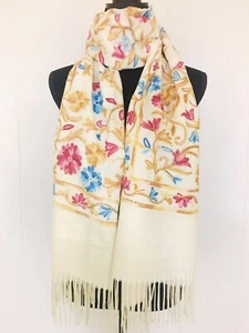 Handmade Floral Embroidered Warm Soft Fall Winter Scarf Wrap White - Picture 1 of 11