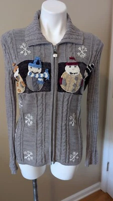 Storybook Knits Women's Gray Cable Knit  Full Zip Cardigan Sweater Snowmen Small - Image 1 of 4