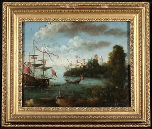 17th CENTURY LARGE ITALIAN OLD MASTER OIL ON CANVAS - OTTOMAN MERCHANTS HARBOUR - Picture 1 of 12