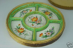 ANTIQUE OLD JAPANESE DIVIDED HAND PAINTED PLATE GREEN W/ YELLOW FLOWERS IN BOX - Picture 1 of 12