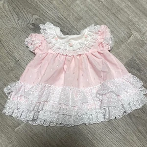 Vintage Sweet Treats Baby Girl Dress 3-6 M Pink Rosette Lace Ruffle Party Dress - Picture 1 of 2