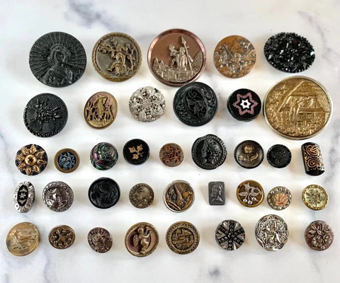 Antique Victorian Buttons, Pictorial, Black Glass, Silver Luster, Lot of 37 Cover