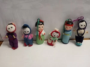 Asian Knitted and Wood Miniature Dolls SET OF 6 - Picture 1 of 5
