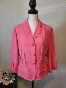 Emma James Blazer, Coral, 3 Buttons, Collar, Lace Trim & Back Tie Size 8P - Picture 1 of 11