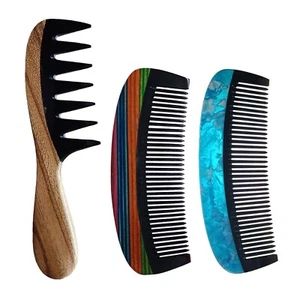 Pack of 3 Assorted Handmade Horn Wooden Combs with multi color grip horn combo - Picture 1 of 6