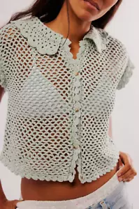 Free People Lily Crochet Retro Knit Top Cardigan Shirt Sweater Mint NWOT Small - Picture 1 of 5