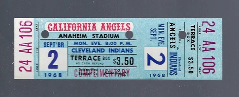 1968 MLB CLEVELAND INDIANS @ CALIFORNIA ANGELS BASEBALL FULL UNUSED TICKET SEPT2 Cover