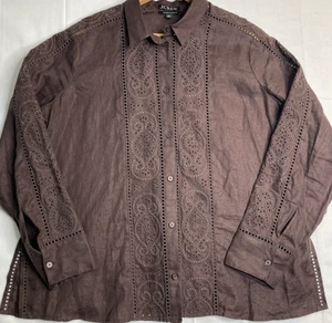 J Crew Garcon Classic Shirt Womens 18 Brown Button Up Linen Eyelet Embroidered - Picture 1 of 12