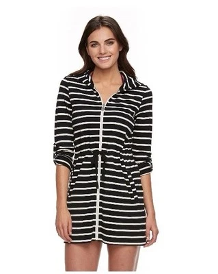 Apt. Mujer 9 Mangas Largas Enrolladas Cremallera Capucha Encubrimiento B&W Rayas Talla XL NUEVO CON ETIQUETAS $36 Foto 1 de 4