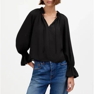 NWT Madewell Long-Sleeve Semi-Sheer Tie-Neck Dress Shirt True Black Size XL - Picture 1 of 10