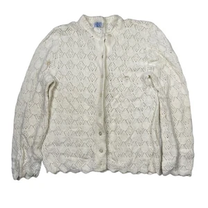 Vintage 60s Pointelle Knit Scallop Button Up Sweater Cardigan FLAW White Small - Bild 1 von 6