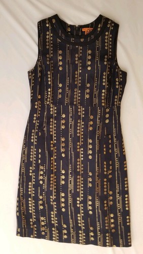Abito Tory Burch Sylvie oro navy seta poliestere guaina 21081439 taglia 6 nuovo