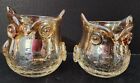 Hand Blown Crackle Art Glass Owl Vase Votive Mid Century...set Of 2