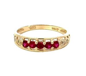 9Ct Yellow Gold Created Ruby & Diamond Accent Band Ring - Picture 1 of 9