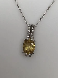 14K White Gold Oval Shape Yellow Beryl and Diamond Pendant with Chain New - Picture 1 of 8