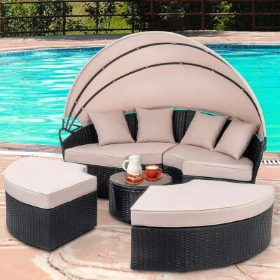 Sonneninsel 180CM Rattan Tisch Sonnenliege  Polyrattan Gartenmuschel Sonnenliege - Bild 1 von 4