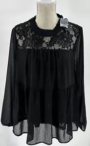 NWTorrid Sheer Black Lace Trim Tiered Blouse Hi Collar Lined Size 00 M/L 10 - Picture 1 of 1