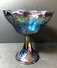 Vintage Indiana Blue Carnival Glass Compote Bowl Pedestal Harvest Grape Pattern