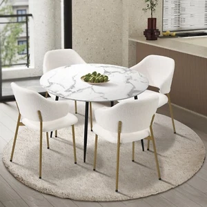 Oikiture 110cm Round Dining Table with 4PCS Dining Chairs Accent Sherpa Gold - Picture 1 of 10