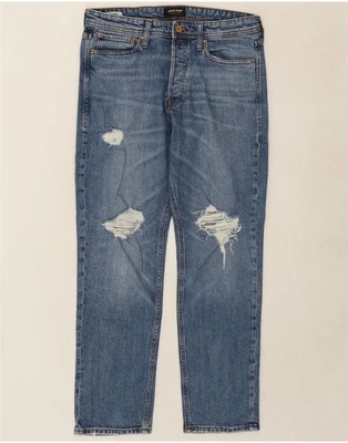 JACK & JONES Mens Chris Distressed Loose Fit Straight Jeans W32 L32 Blue KS05 - Image 1 of 4