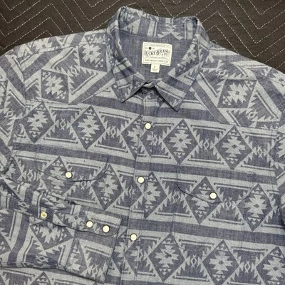 Camisa a Presión Lucky Brand Perla Para Hombres Grande Azul Suroeste Azteca Pesada Cambray Foto 1 de 4