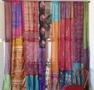 2 Pcs Indian Sari Patchwork Curtain Drape Window Decor Multi Silk Boho Curtain - Picture 1 of 9